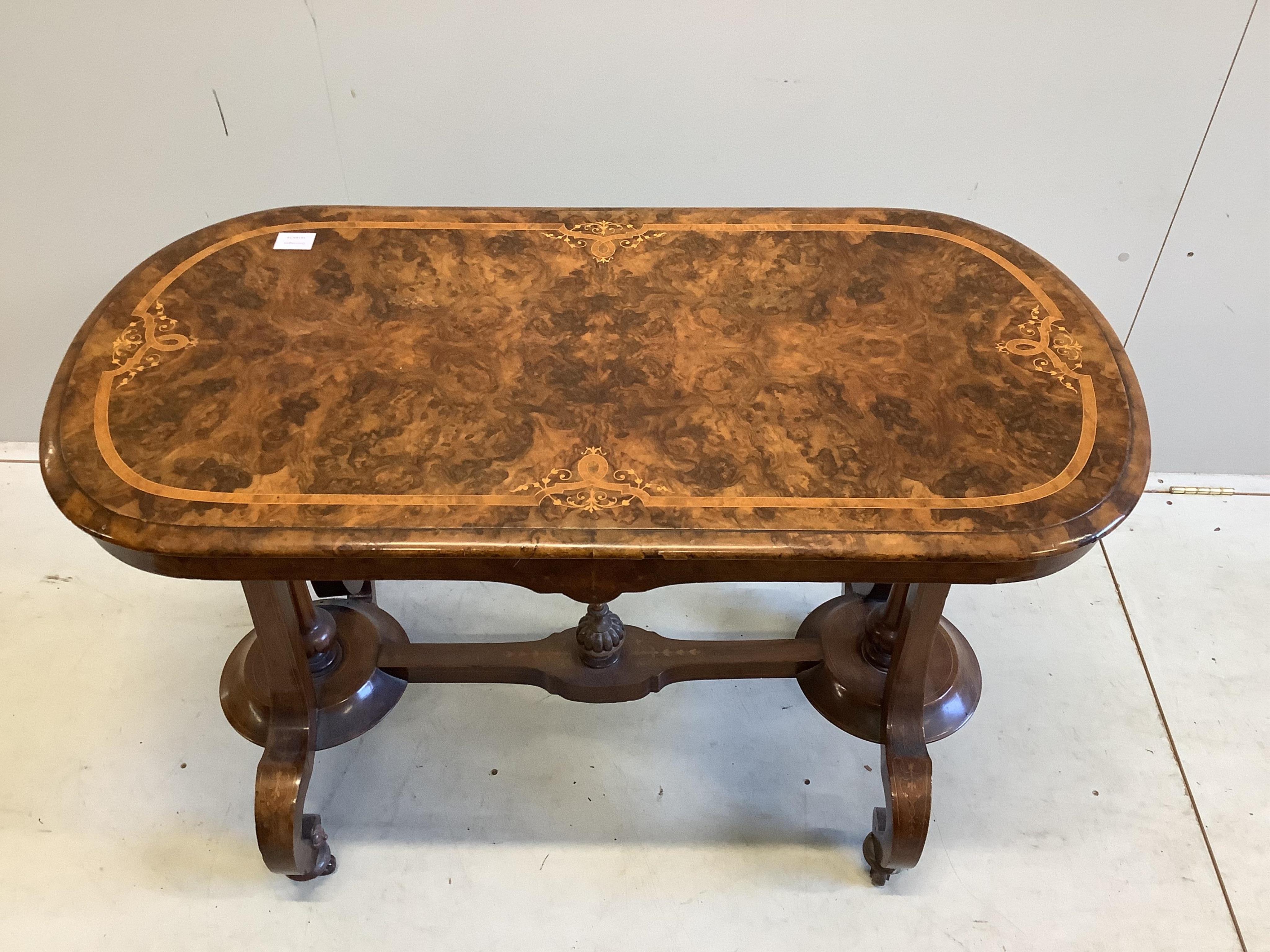 A Victorian inlaid burr walnut rectangular centre table, width 104cm, depth 54cm, height 72cm. Condition - fair to good